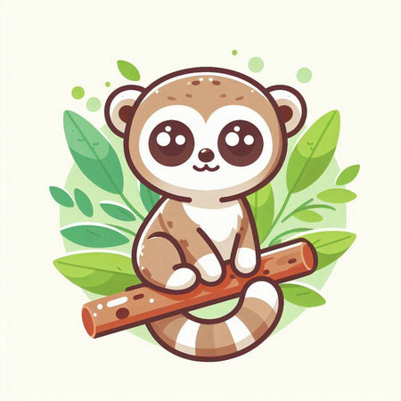Cute cartoon lemur on a branch with leaves. Vector illustration.のイラスト素材