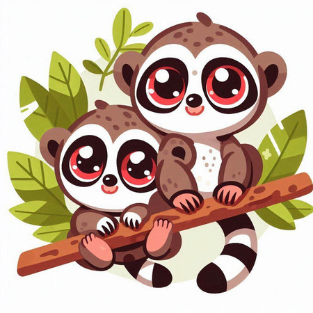 Cute cartoon lemur family sitting on a branch, vector illustrationのイラスト素材