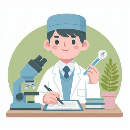 Scientist working with microscope in laboratory. Vector illustration in flat styleのイラスト素材