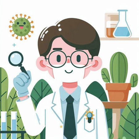 Scientist with magnifying glass and plants in the laboratory. Vector illustrationのイラスト素材