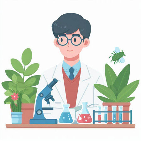 Scientist with microscope and plants. Vector illustration in cartoon style.のイラスト素材