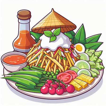 Illustration of a plate of chinese noodles with vegetables and sauceのイラスト素材