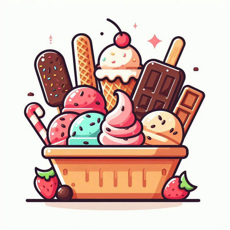 Ice cream in a basket. Colorful vector illustration in cartoon style.のイラスト素材
