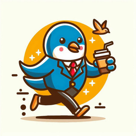 businessman running with a cup of coffee and bird cartoon vector illustrationのイラスト素材