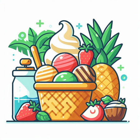 Vector illustration of a basket with ice cream, strawberries, bananas, coconut and coconut. Healthy food.のイラスト素材