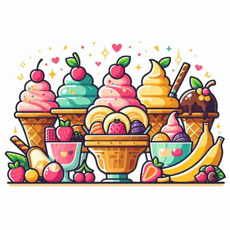 Vector illustration of ice cream with fruits and berries in waffle conesのイラスト素材