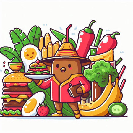 Cute kawaii farmer character eating healthy food. Vector illustrationのイラスト素材