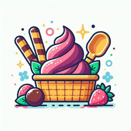 Strawberry ice cream in a wicker basket. Vector illustration.のイラスト素材