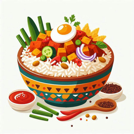 Vegetarian bowl with rice, vegetables and meat. Vector illustration.のイラスト素材