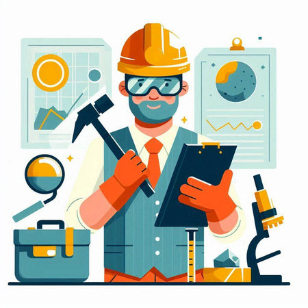 Engineer in helmet and glasses with tools. Flat vector illustration.のイラスト素材