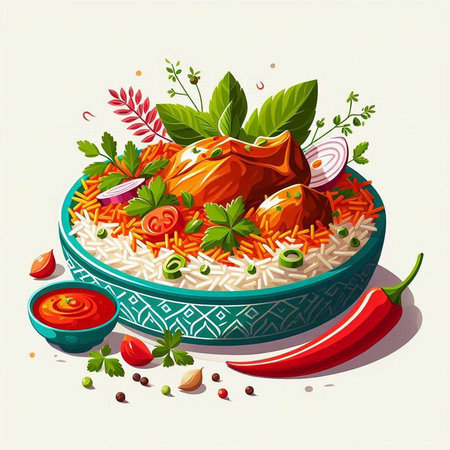 Illustration of a bowl of chicken curry garnished with rice, tomato, onion and herbsのイラスト素材