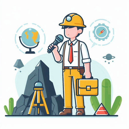 Vector illustration of engineer in hardhat with briefcase and microphone.のイラスト素材