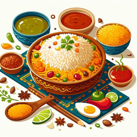 Illustration of a bowl of rice with different sauces and condimentsのイラスト素材
