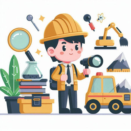 Cartoon illustration of a boy working at the construction site. Vector illustration.のイラスト素材