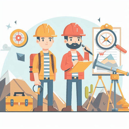 Engineer and architect working on construction site. Flat design vector illustration.のイラスト素材