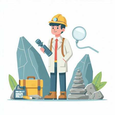Vector illustration of a miner with a flashlight in his hand. Flat style.のイラスト素材