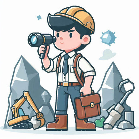 Worker holding a binoculars and digger. Vector illustration.のイラスト素材