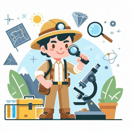 Explorer boy with magnifying glass. Flat style vector illustration.のイラスト素材