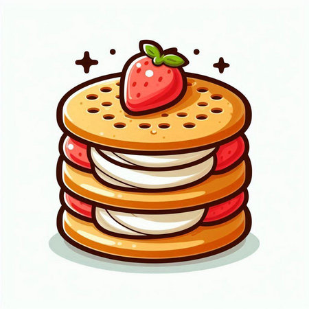 Illustration of a stack of pancakes with strawberries on a white backgroundのイラスト素材