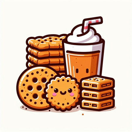 Cute cartoon vector illustration of chocolate chip cookies and a glass of coffee.のイラスト素材