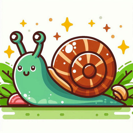 Illustration of a Cute Snail on a Green Background with Starsのイラスト素材