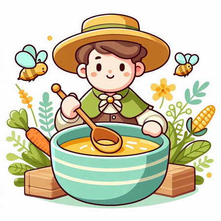 Boy in traditional mexican costume cooking soup. Cute cartoon vector illustration.のイラスト素材