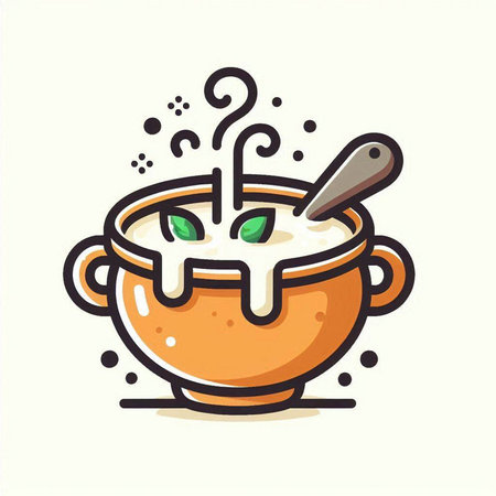 Cream soup in bowl with spoon. Vector illustration in cartoon style.のイラスト素材
