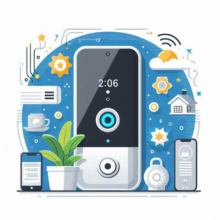 Smartphone with security camera on the screen. Flat vector illustration.のイラスト素材