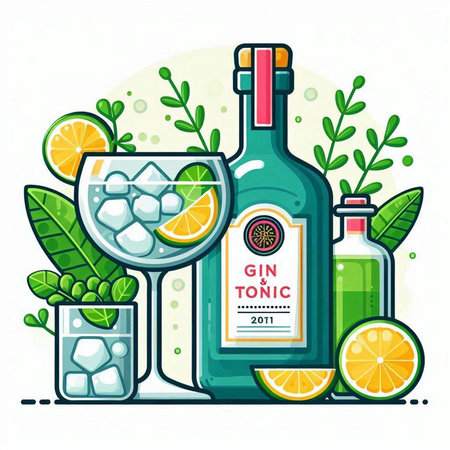 Vector illustration of a bottle of tequila with lime, ice cubes and mint leaves.のイラスト素材