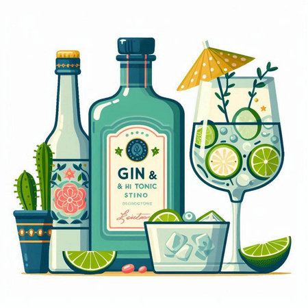 Cocktail set with tequila, lime, ice cubes and cactus. Vector illustration.のイラスト素材
