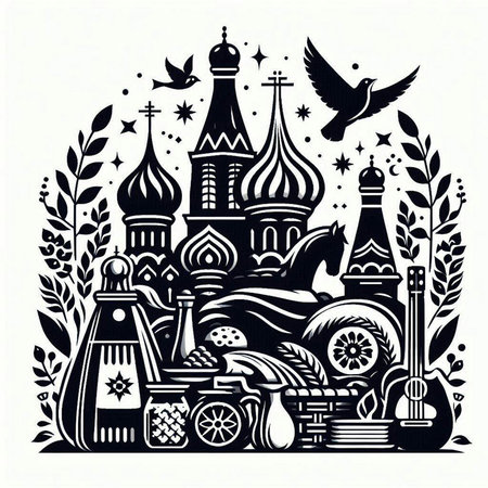 Vector illustration of the symbols of Russian culture. Monochrome imageのイラスト素材