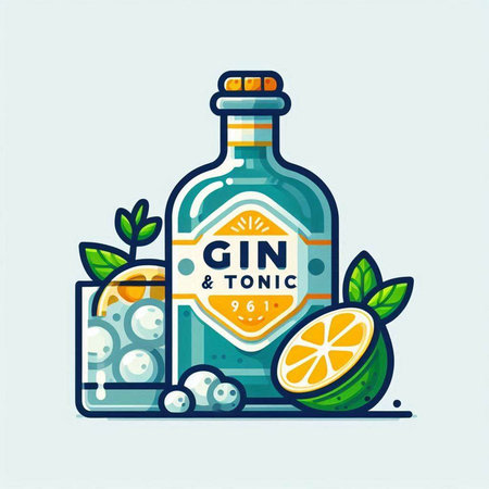 Bottle of gin with ice cubes, lemon and mint. Vector illustration.のイラスト素材