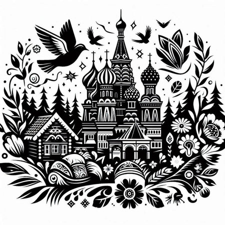 Russian village. Monochrome vector illustration. Black and white.のイラスト素材