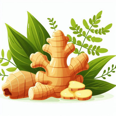 Ginger root and leaves. Vector illustration isolated on white background.のイラスト素材