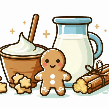 Illustration of a Cute Gingerbread Man with a Jar of Milkのイラスト素材