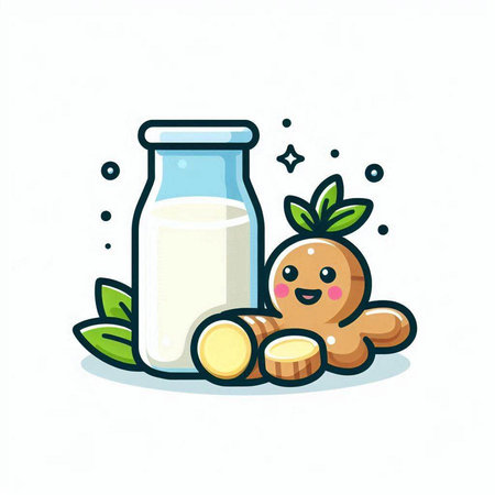Vector illustration of a glass bottle with milk and ginger on a white backgroundのイラスト素材