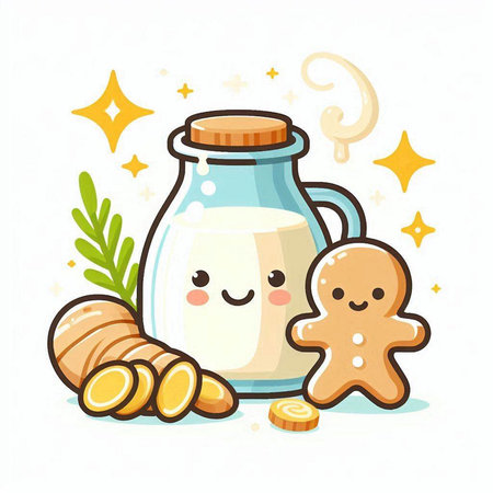 Kawaii vector illustration of a glass of milk and gingerbread cookie.のイラスト素材