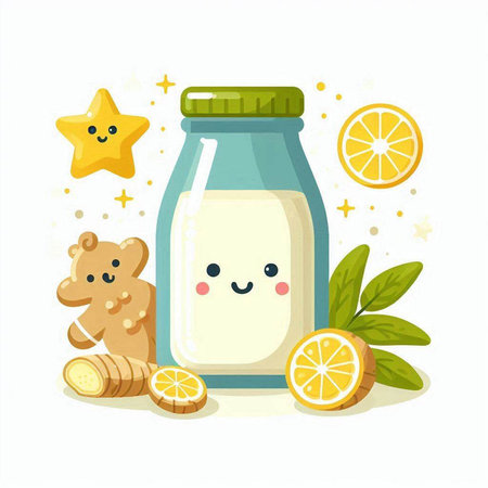 Vector illustration of a glass jar with milk, cookies, ginger and lemon.のイラスト素材