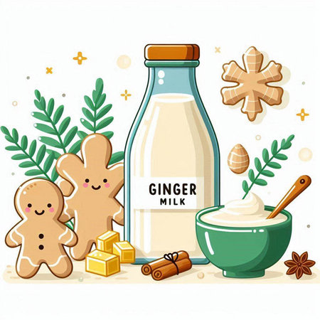 Vector illustration of a bottle of milk, gingerbread cookies, cinnamon, star anise, gingerbread man and a bowl of honey.のイラスト素材