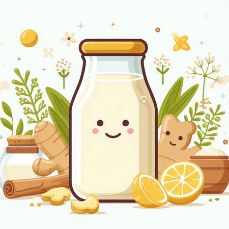 Vector illustration of a bottle of milk with ginger, lemon and honeyのイラスト素材