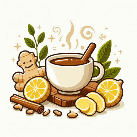 Cup of tea with ginger, lemon and cinnamon. Vector illustration.のイラスト素材