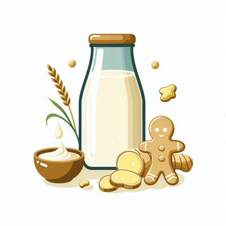 Vector illustration of a bottle of milk with gingerbread man and wheat earsのイラスト素材