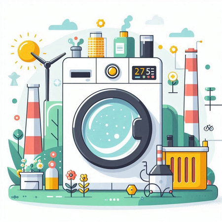 Washing machine on the background of the factory. Vector illustration.のイラスト素材
