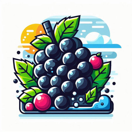 Vector illustration of ripe black grapes with leaves and berries in cartoon style.のイラスト素材