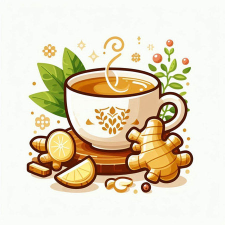 Cup of tea with ginger, lemon and leaves. Vector illustration.のイラスト素材