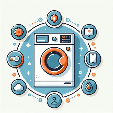 Washing machine with thin line icons. Vector illustration in flat styleのイラスト素材