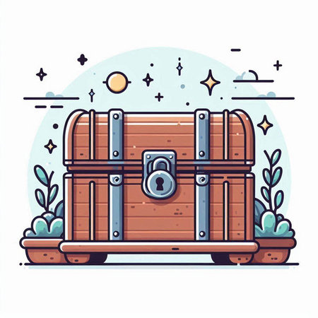 Wooden chest with lock. Vector illustration in flat cartoon style.のイラスト素材