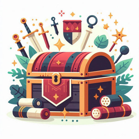 Treasure chest and swords. Vector illustration in flat cartoon style.のイラスト素材