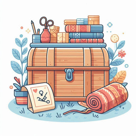 Wooden chest with books, scissors, felt-tip pens. Vector illustration.のイラスト素材