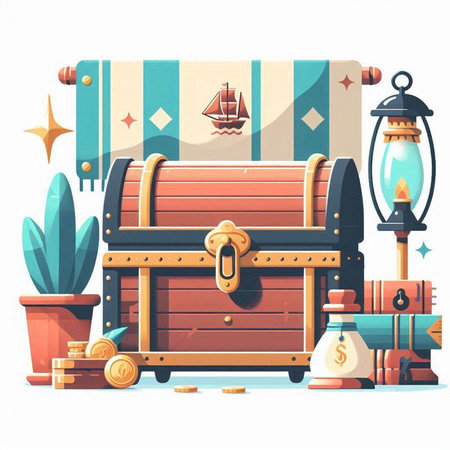 Treasure chest and pirate items in cartoon style. Vector illustration.のイラスト素材